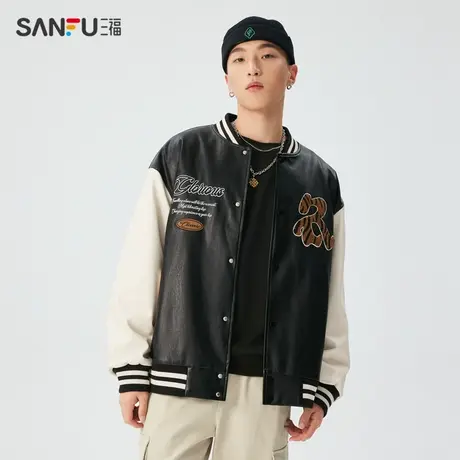 三福2023冬男士虎纹异形字母拼接棒球夹克 国潮宽松外套476152商品大图