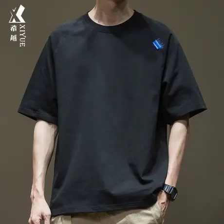 希越260g重磅水洗短袖T恤男贴布刺绣半截袖夏季纯棉大码休闲男装图片