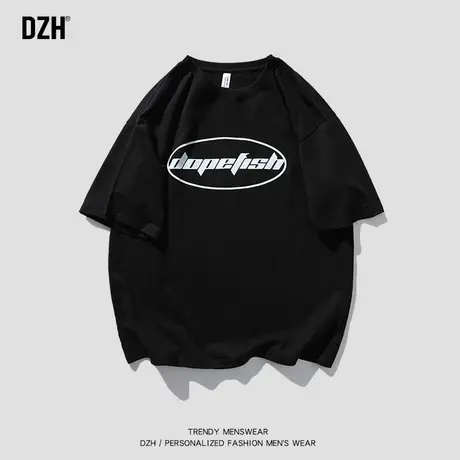 DZH短袖男夏季宽松纯棉t恤男装2023新款印花衣服潮牌半袖上衣服商品大图