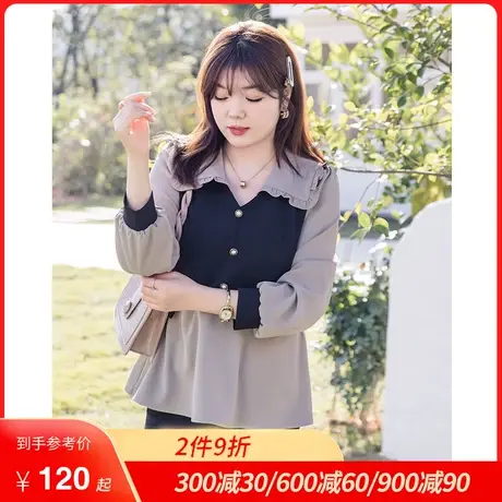 早春新款娃娃领显瘦胖妹妹假两件大码女装上衣女短袖衬衣别致小衫商品大图