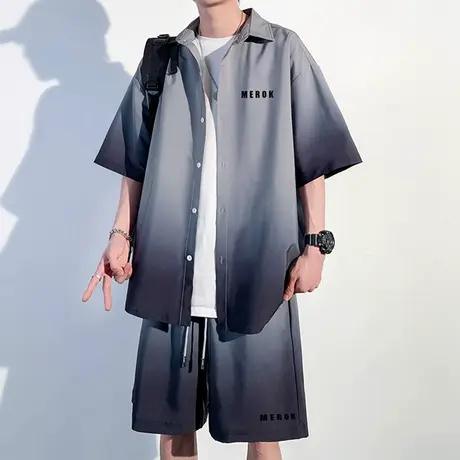 潮牌渐变色男士短袖衬衫套装夏季薄款冰丝两件套搭配男装穿搭衣服商品大图