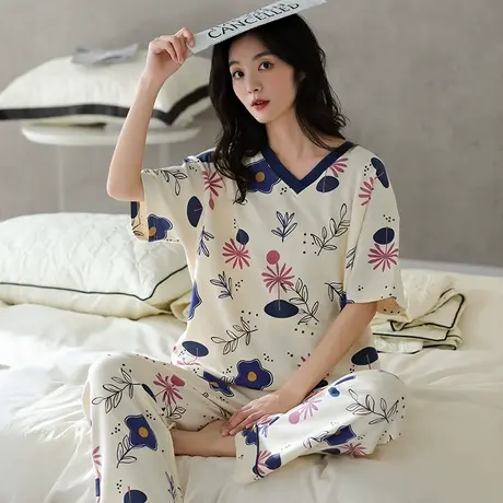婷美高级感睡衣女士夏季纯棉薄款短袖长裤圆领休闲居家服宽松套装商品大图