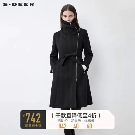 sdeer圣迪奥不规则领收腰暗条纹毛呢长款大衣女S21481862图片