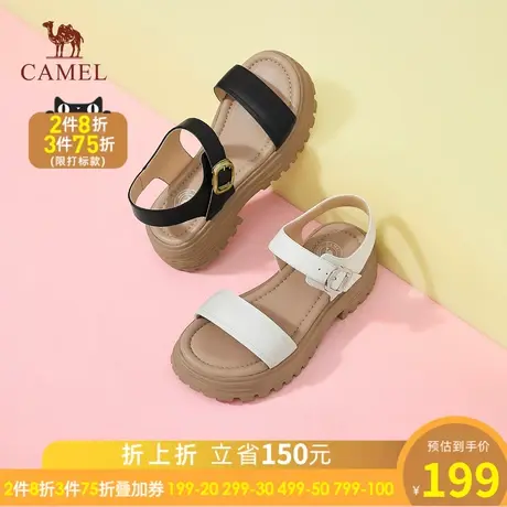 骆驼女鞋2023年夏季新款休闲平底一字带真皮凉鞋女时装厚底凉鞋女图片