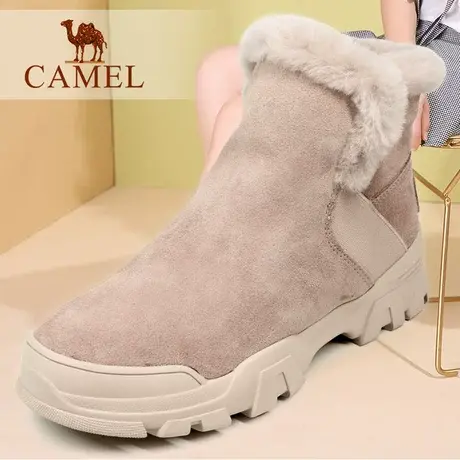 Camel/骆驼女鞋冬季牛皮一脚蹬加绒保暖休闲雪地靴厚底短筒靴子图片