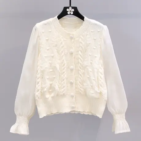 网纱拼接毛衣外套女春装2023新款温柔风软糯洋气百搭短款针织开衫商品大图