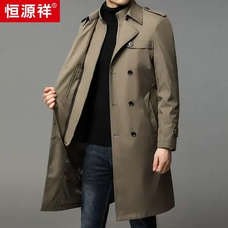 恒源祥风衣男中长款过膝2022秋冬款外套中年爸爸休闲大衣加棉内胆图片