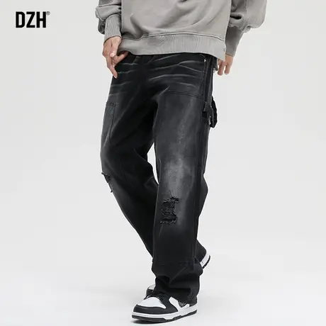 男士黑色直筒破洞牛仔裤男潮ins宽松潮牌2023年新款高街裤子秋季图片