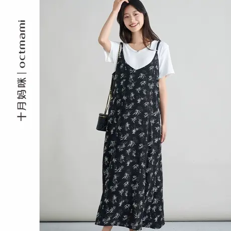 十月妈咪孕妇印花两件套连衣裙2025新款夏季薄款外穿宽松小黑裙商品大图