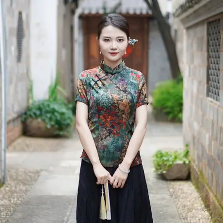 筠雅夏季新款简约清新旗袍式上衣唐装女改良版修身复古素衣24J241商品大图