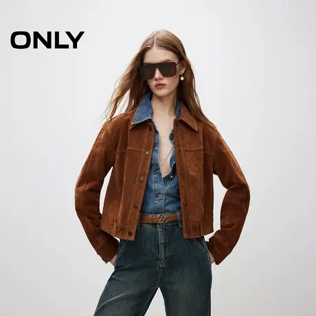 ONLY奥莱春季时尚休闲纯色翻领长袖短款皮衣女图片