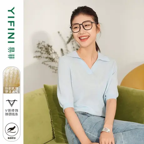 Yifini/易菲polo针织衫小V领短袖宽松女士上衣夏装新款毛衫商品大图