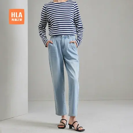 HLA/海澜之家微弹牛仔裤春夏季新款松紧腰直筒休闲时尚九分裤女装商品大图