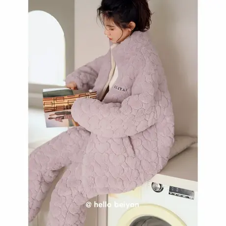 贝妍冬季女士加厚三层珊瑚绒夹棉睡衣高领保暖棉袄家居服大码套装商品大图