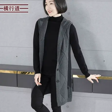 2023新款冬装连帽麻花宽松中长款马甲妈妈装大码纯色女装无袖外套商品大图