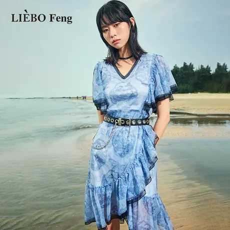 裂帛LIEBOFeng商场同款赠送腰带国潮刺绣青花瓷蓝甜酷短袖连衣裙图片