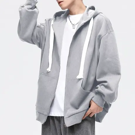 男士灰色开衫卫衣外套男秋季潮牌休闲上衣宽松连帽男装2023年新款图片