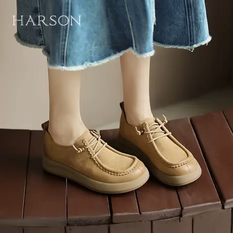 哈森复古英伦风小皮鞋女2025新款真皮平底休闲乐福鞋一脚蹬单鞋子商品大图