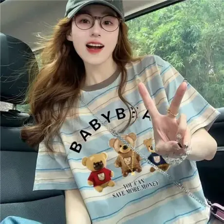 复古蓝色条纹小熊印花短袖女2025夏季爆款韩系正肩宽松撞色T恤女商品大图