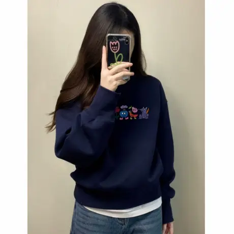 短款卫衣女无帽2025新款藏蓝色秋季长袖女圆领绝美巨好看的小上衣商品大图