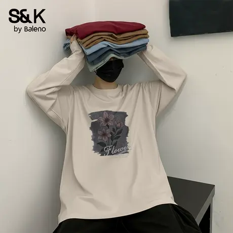 班尼路S&K系列浅卡其T恤男长袖秋季美式潮流男装宽松痞帅纯棉上衣图片