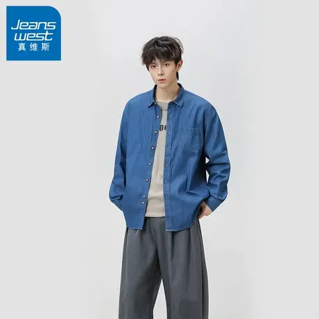 N5真维斯男士长袖衬衫2025新款秋季美式水洗做旧外套男生休闲衬衣商品大图