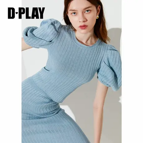 Dplay德帕拉夏新款蓝色短袖条纹修身法式针织上衣泡泡袖薄款套衫商品大图