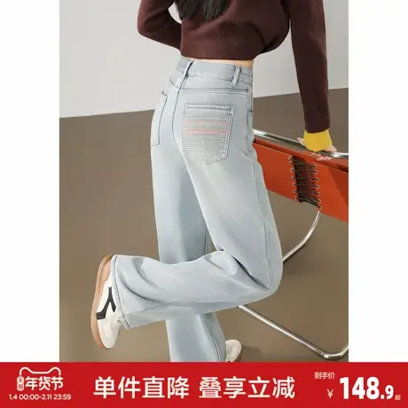 唐狮2026秋冬季牛仔长裤女刺绣加绒浅色牛仔裤阔腿裤加绒保暖图片