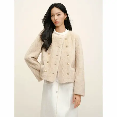 JUZUI玖姿立体压花肌理短款仿皮草外套女2025冬季新款JTFD02108图片