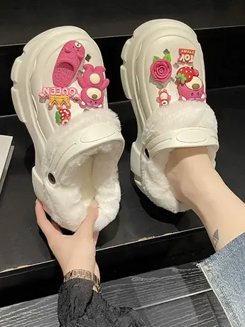 网红爆款秋冬加绒保暖洞洞棉鞋女2023新款可爱两穿厚底防滑棉拖鞋商品大图