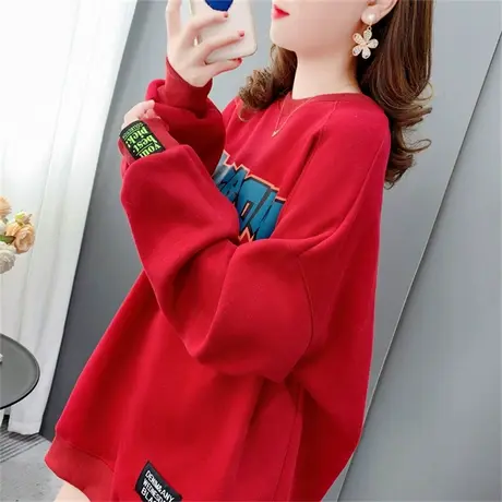 韩版宽松中长款圆领卫衣女2022新款秋冬洋气减龄休闲加绒加厚外套商品大图