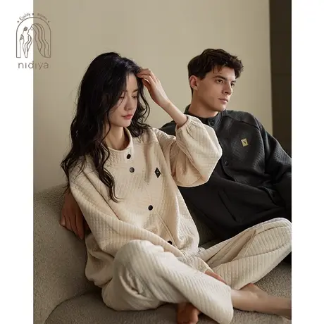妮狄娅秋季睡衣女纯棉保暖加厚夹层男立领棒球服版秋冬家居服套装图片