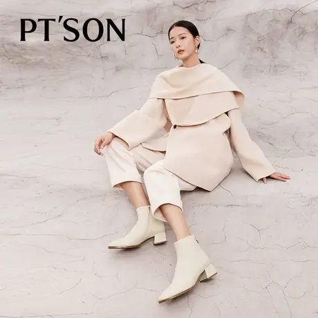 [双11预售]百田森羊皮时装短靴女2023秋新中粗跟气质女真皮瘦瘦靴图片