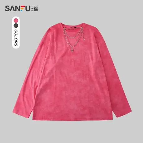 三福2023冬男士街头潮流项链重磅长T恤 宽松圆领上衣男477086商品大图