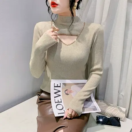 性感镂空烫钻拼接针织衫长袖女时尚半高领新款毛衣洋气修身打底衫图片
