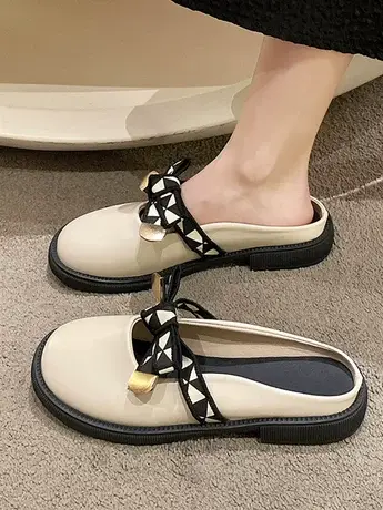包头半拖鞋女2023夏外穿时尚网红蝴蝶结圆头平底无后跟懒人凉拖鞋商品大图