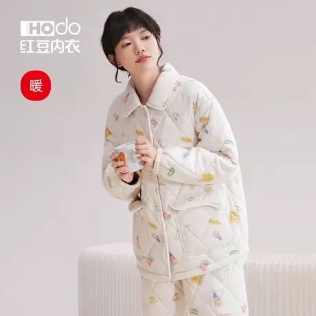 红豆睡衣女三层夹棉秋季加厚保暖法兰绒女士棉袄珊瑚绒家居服套装商品大图