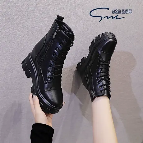 圣恩熙 短靴女9cm真皮内增高工装2023新款坡跟圆头黑色短筒马丁靴图片