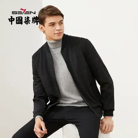 柒牌夹克外套男商务休闲爸爸装格纹提花长袖棒球领黑色拉链茄克衫商品大图