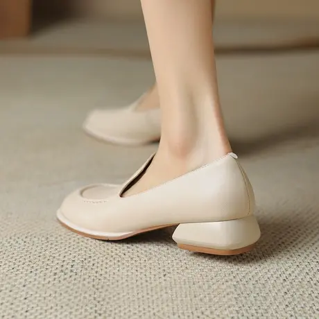 圆头女单鞋2023年新款真皮女鞋粗跟小皮鞋百搭浅口低跟一脚蹬鞋子商品大图