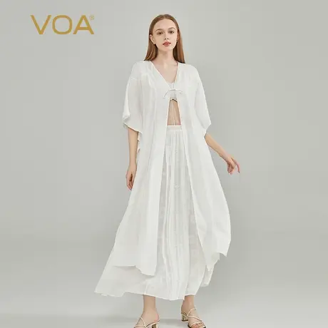 VOA真丝提花暗纹肌理荔枝白系带下摆开叉蝙蝠袖宽大长袍风衣外套图片