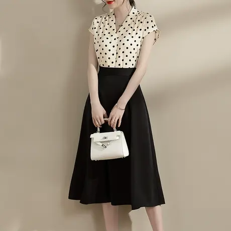 水墨青华夏季新品时尚圆点拼接大摆裙显瘦短袖醋酸绒连衣裙商品大图