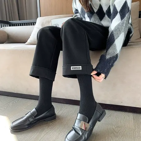 毛呢裤子女秋冬季高腰黑色显瘦小个子九分宽松阔腿休闲烟管直筒裤图片