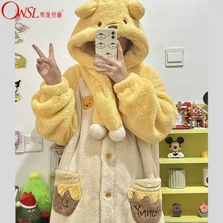 小熊睡衣女秋冬季珊瑚绒加绒加厚可爱风毛绒长款睡袍商品大图