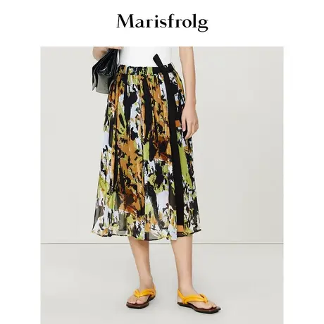 【6A级桑蚕丝】玛丝菲尔2023年夏季新款系带式真丝泼墨花稿半身裙商品大图