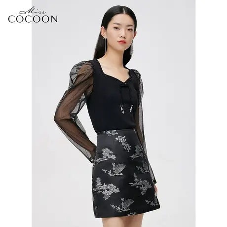 MISSCOCOON泡泡袖黑色毛针织衫女2023新款春季网纱拼接显瘦打底衫商品大图