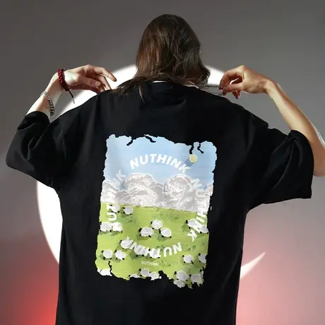 Nuthink宽松油画体恤衫男潮短袖t恤潮牌国潮情侣半袖大码男款上衣商品大图