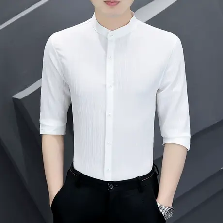 立领七分袖衬衫男士韩版潮流中袖轻熟风衬衣夏季薄款休闲通勤上衣商品大图