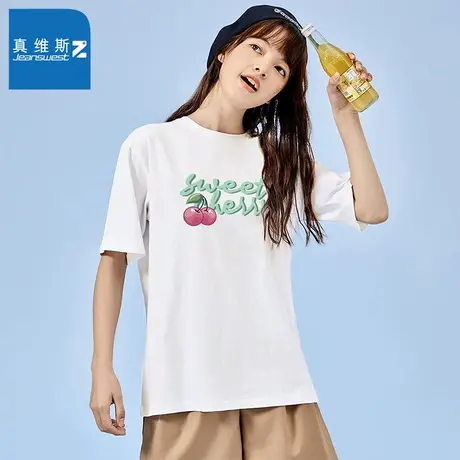 真维斯Z+女款夏季2023新款宽松圆领上衣潮流日常字母印花纯棉T恤图片