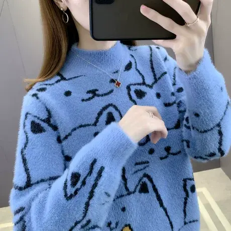 半高领水貂绒卡通毛衣女洋气2025春秋新款宽松外穿长袖打底针织衫图片